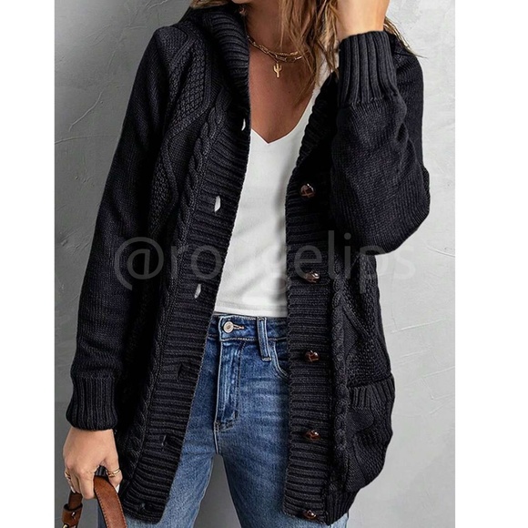 Navy Blue Faux Sherpa Knit Hooded Cardigan Front Pockets Long Sleeves Hip Length - Picture 16 of 16